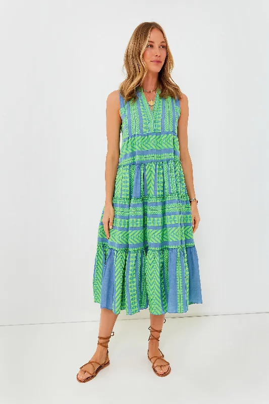 Can't Miss Green and Blue Tanzanitis Midi Dress