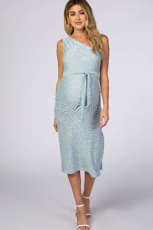 Huge Discounts Light Blue One Shoulder Fitted Maternity Midi Dress