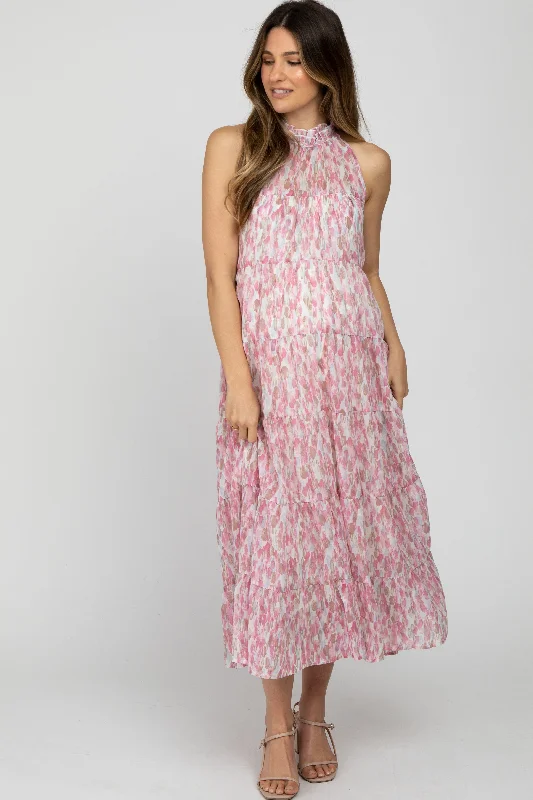 Special Discount Pink Printed Sleeveless Tiered Maternity Midi Dress