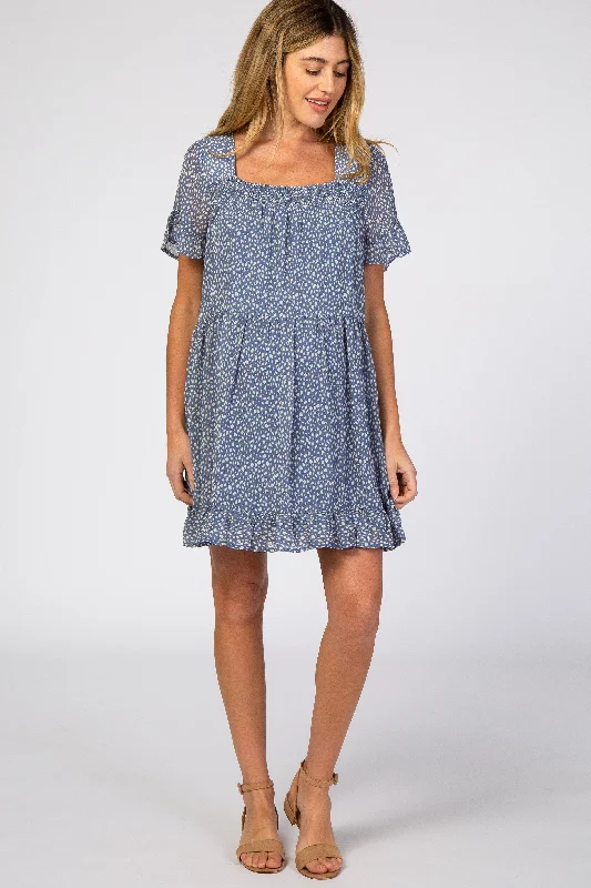 Buy Now Blue Printed Chiffon Square Neck Ruffle Trim Maternity Dress