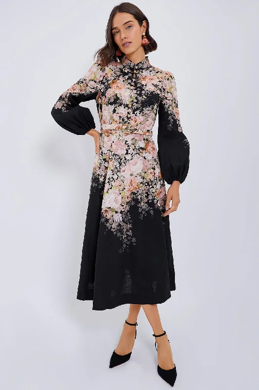 Warehouse Sale Black Rococo Floral Illustration Buttoned Midi Dress