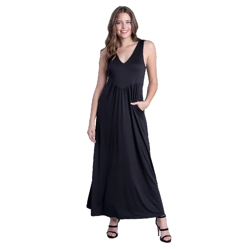 Overstock Sale 24seven Comfort Apparel Sleeveless V Neck Maxi Dress with Pocket Detail