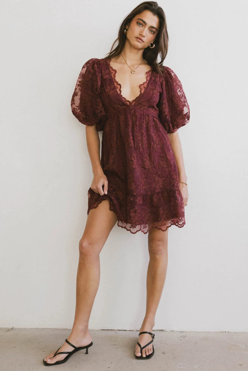 Stock Clearance Tiana Embroidered Mini Dress in Red-Brown
