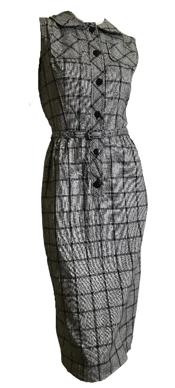 Blowout Sale Black and White Textured Weave Cotton Sleeveless Checked Button Up Dress circa 1950s