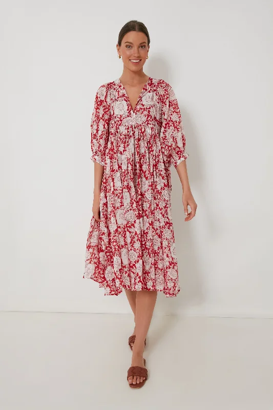 Final Clearance Red and White Flowers Kaala Midi Dress