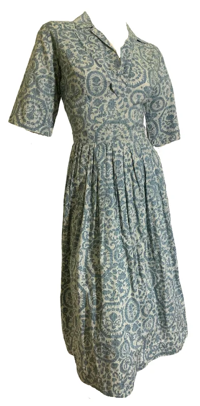 Season Finale Sale Soft Blue and Grey Medallion Print Cotton Shirt Waist Dress circa 1960s
