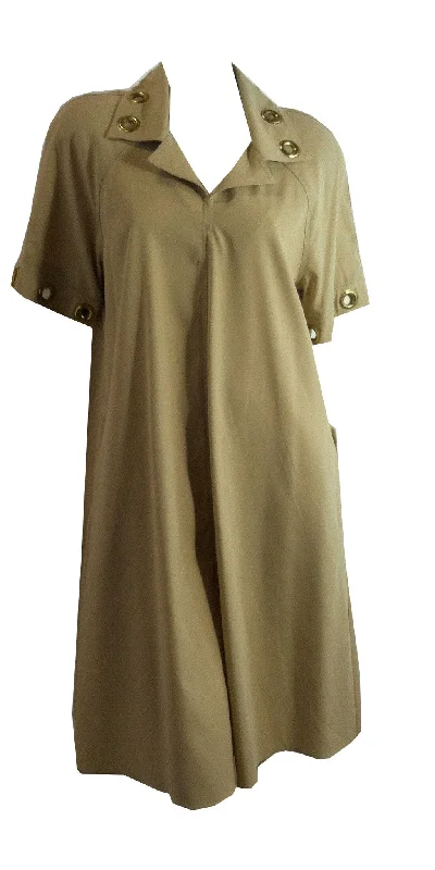Instant Discount Mega Grommet Trimmed Khaki A-Line Dress circa 1980s