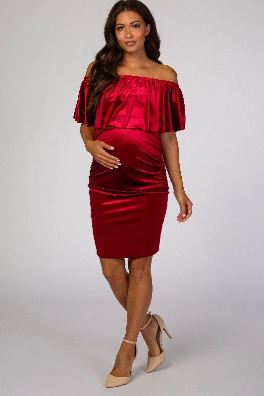 Season Finale Sale Red Velvet Off Shoulder Fitted Maternity Dress