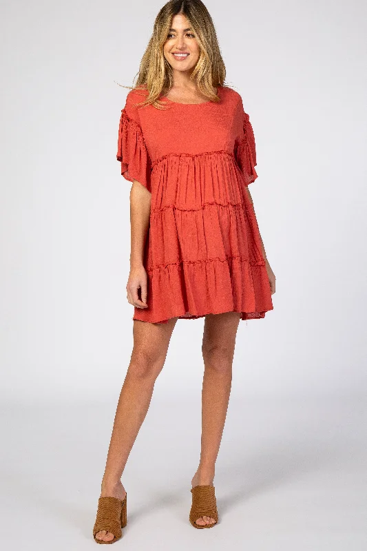 Savings Galore Rust Tiered Maternity Mini Dress