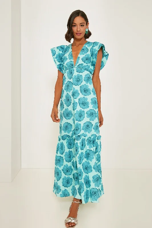 Best Bargains Turquoise Floral Classic Ruffled Long Dress
