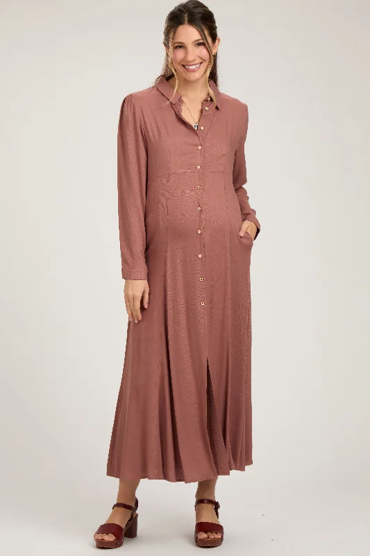 Price Meltdown Rust Collared Button Down Long Sleeve Maternity Maxi Dress