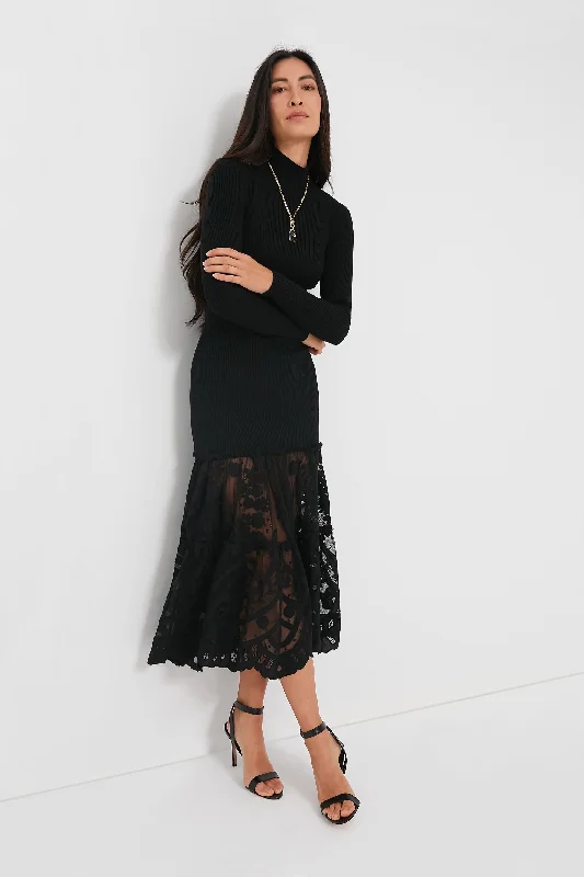 Super Deal Black Joelle Applique Ribbed Dress with Mesh