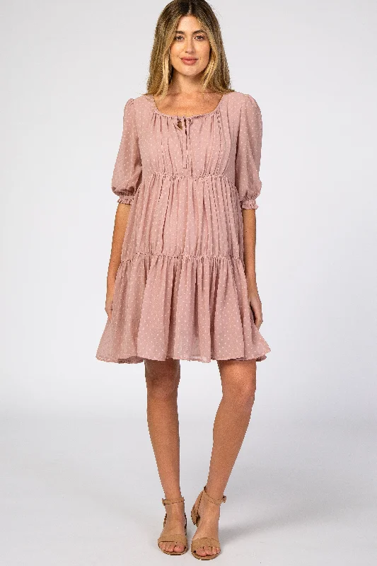 Blowout Deals Mauve Chiffon Swiss Dot Tiered Maternity Dress