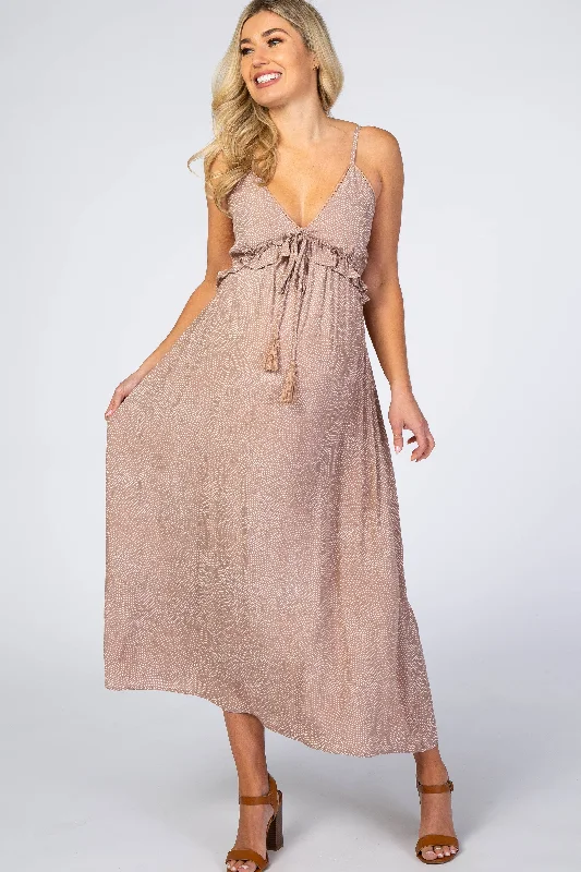 Deal of the Day Light Mocha Dot Print V-Neck Maternity Midi Dress