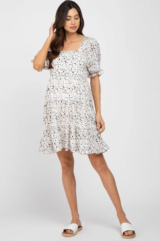 Price Cut Ivory Printed Puff Sleeve Maternity Tiered Dress