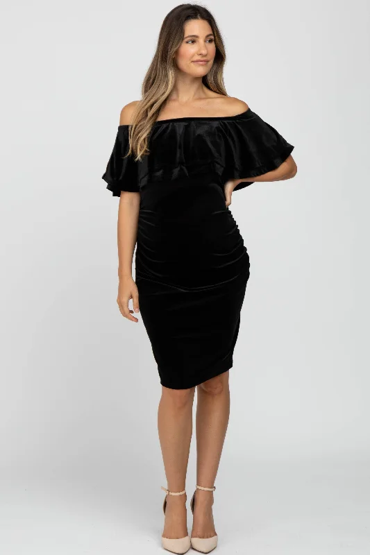 Time-Limited Offer Black Velvet Off Shoulder Fitted Maternity Dress