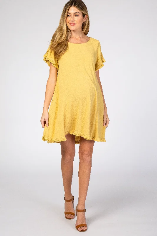 New Arrival Yellow Fringe Linen Maternity Dress