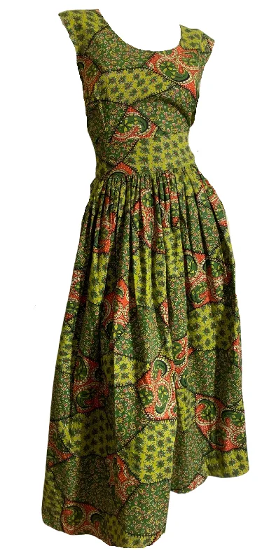 Price Slash Green and Red Paisley and Patchwork Print Cotton Full Skirt 2 Pc Dress Set circa 1950s