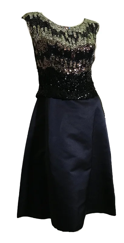 Price Reduction Sparkling Silver Star Sequined Bodice 3 Pc Deep Blue Silk Dress with Jacket circa 1960s