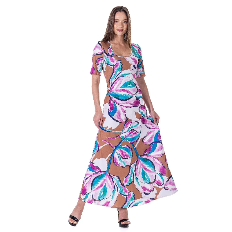 Quick Sale 24seven Comfort Apparel Womens Pink Floral Elbow Sleeve Casual A Line Maxi Dress
