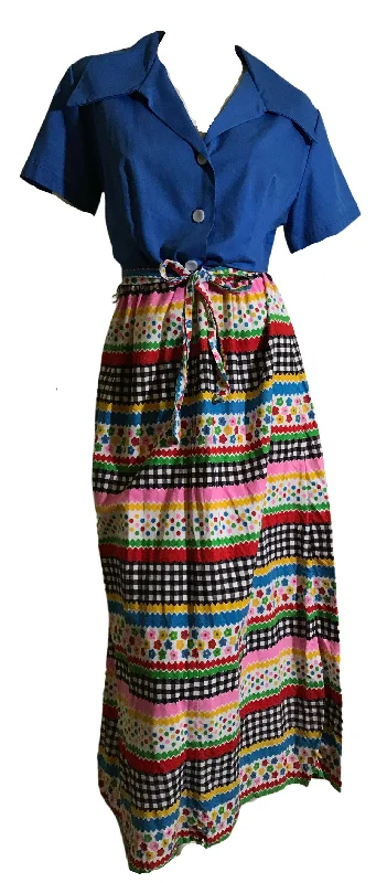 Take Advantage Colorful Ric Rac and Polka Dot Print Cotton Maxi Dress circa 1970s