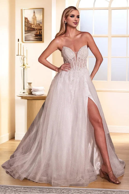 Low Prices Tulle Strapless See-through A Line Ivory Wedding Dress with Slit