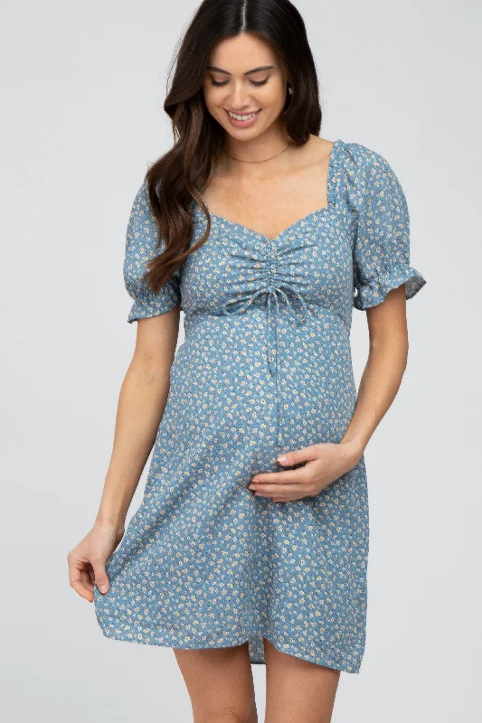 Discount Days Blue Floral Cinched Sweetheart Neck Maternity Dress