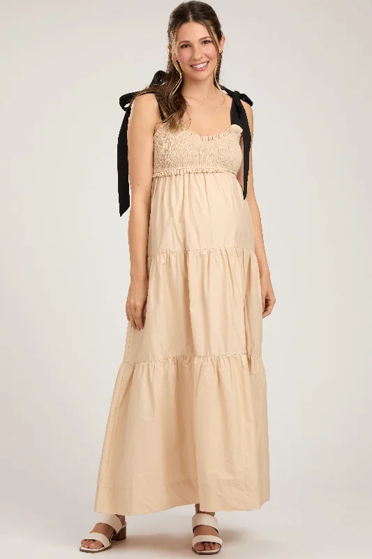 Inventory Reduction Taupe Contrast Shoulder Straps Maternity Maxi Dress