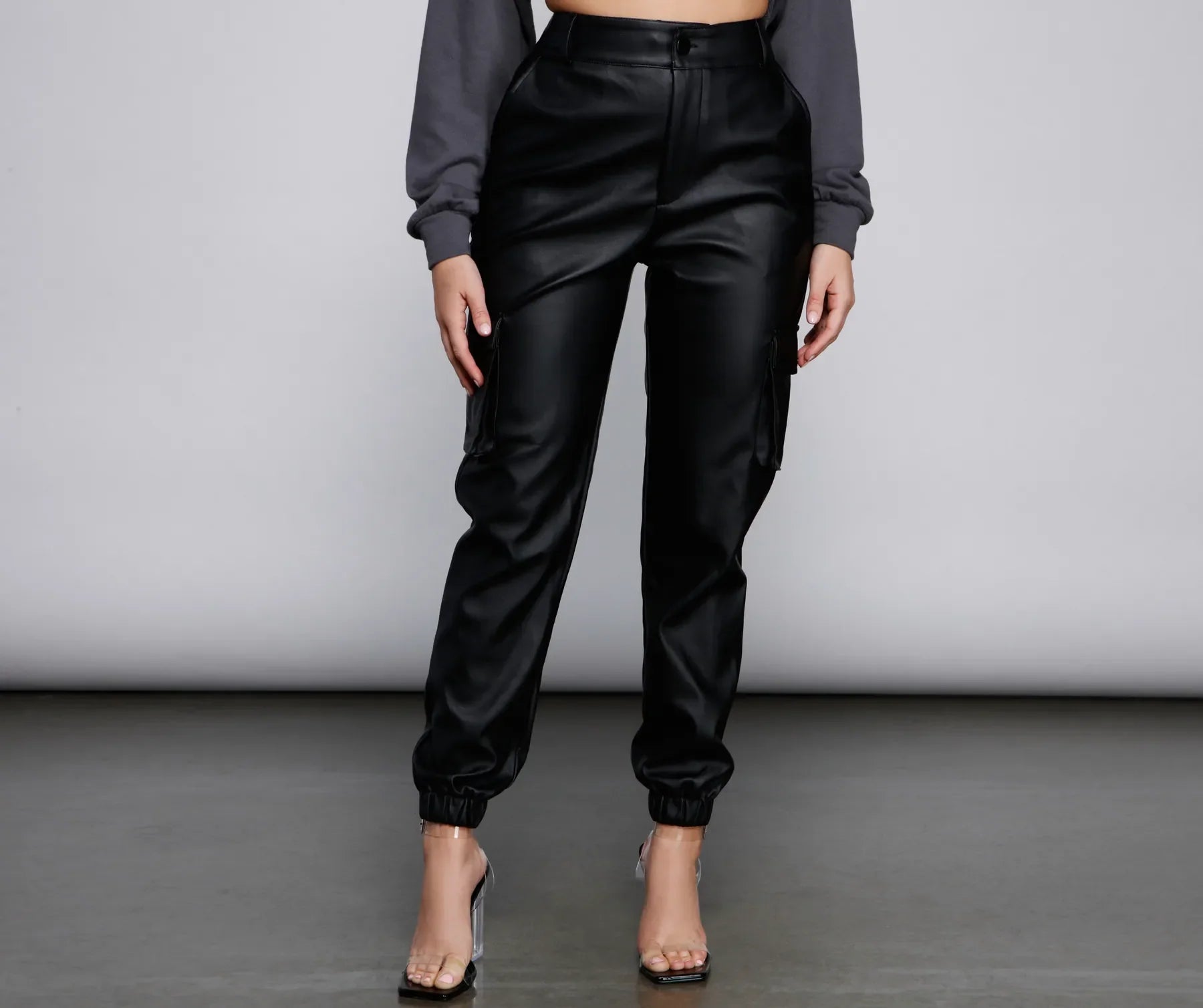 Incredible Offers High Waist Faux Leather Cargo Pants