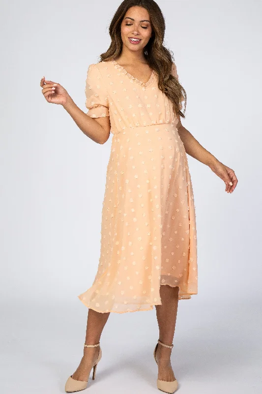 Mega Sale Peach Swiss Dot Ruffle Trim Maternity Dress