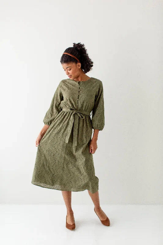 Limited Time Discount 'Melody' Button Detail Eyelet Midi Dress in Olive