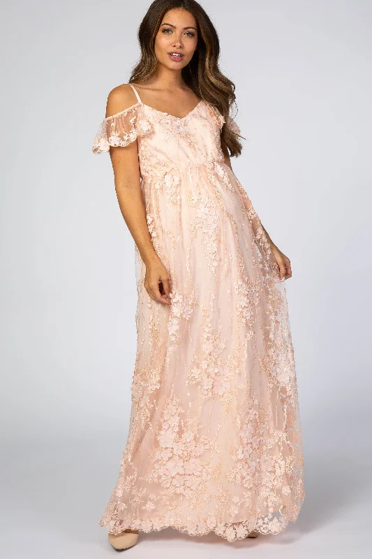 Special Savings Light Pink Floral Embroidered Mesh Maternity Evening Gown