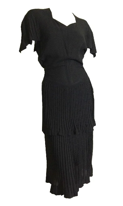 Deal Alert Pretty Pleated Black Tiered Skirt Cocktail Dress circa 1940s