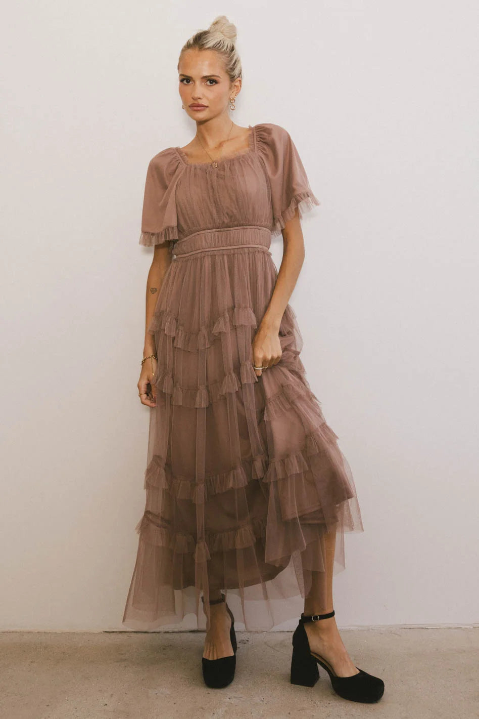 Season Finale Sale Eugena Ruffled Maxi Dress in Mocha