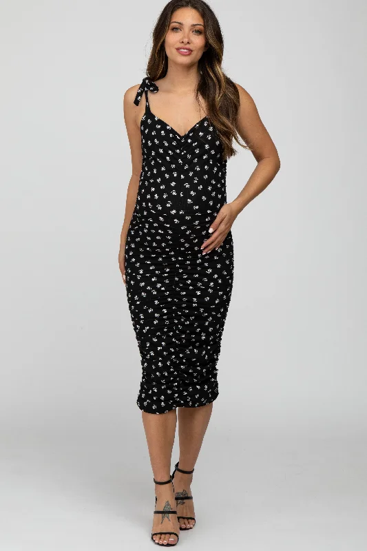 Weekend Deal Black Floral Ribbed Ruched Shoulder Tie Maternity Dress