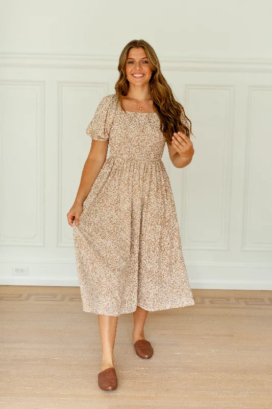 Take Advantage 'Maud' Smocked Square Neck Floral Midi Dress in Taupe