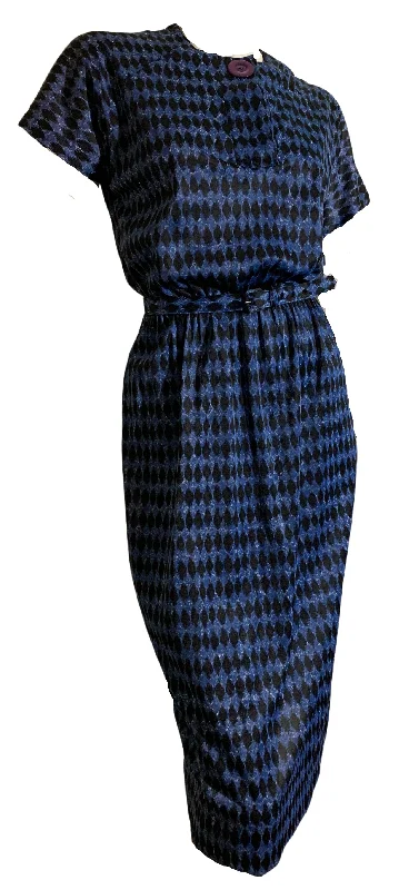 Act Fast Harlequin Black and Blue Print Jersey Nylon Dress circa 1960s