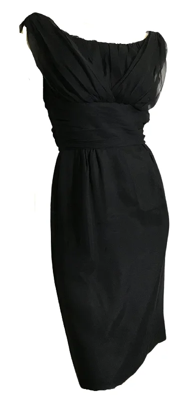 Special Savings Black Chiffon Draped Neckline Cocktail Dress circa 1960s