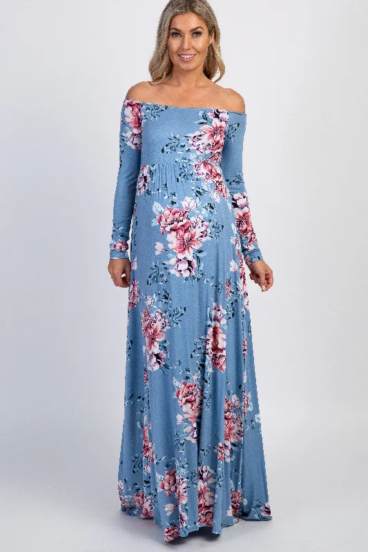 Big Savings PinkBlush Light Blue Floral Off Shoulder Maternity Maxi Dress