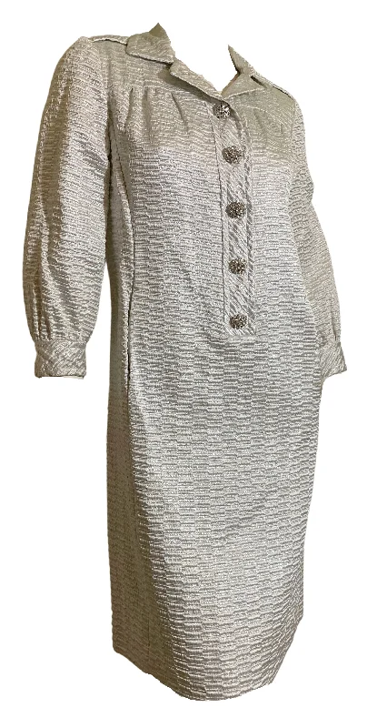 Price Fest Sophisticated Space Age Silver Metallic Shift Dress with Rhinestone Buttons circa 1960s