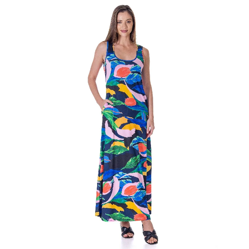Savings Galore 24seven Comfort Apparel Womens Teal Floral Print Sleeveless Casual Maxi Dress With Pockets