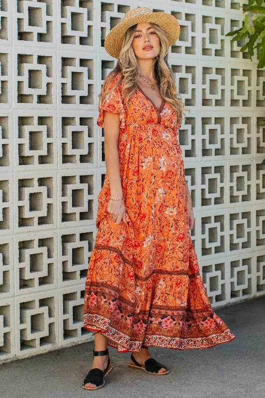 Act Now Orange Floral Flounce Sleeve Maternity Maxi Dress