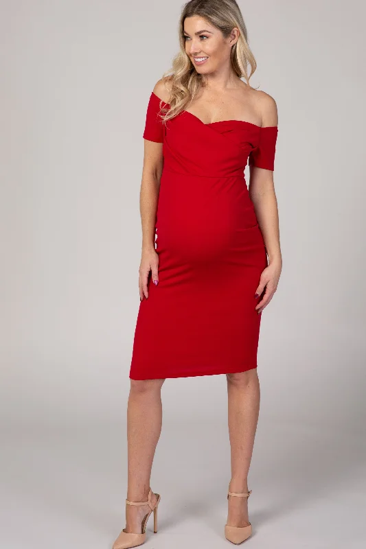 Unmissable Offer PinkBlush Red Solid Off Shoulder Maternity Fitted Dress