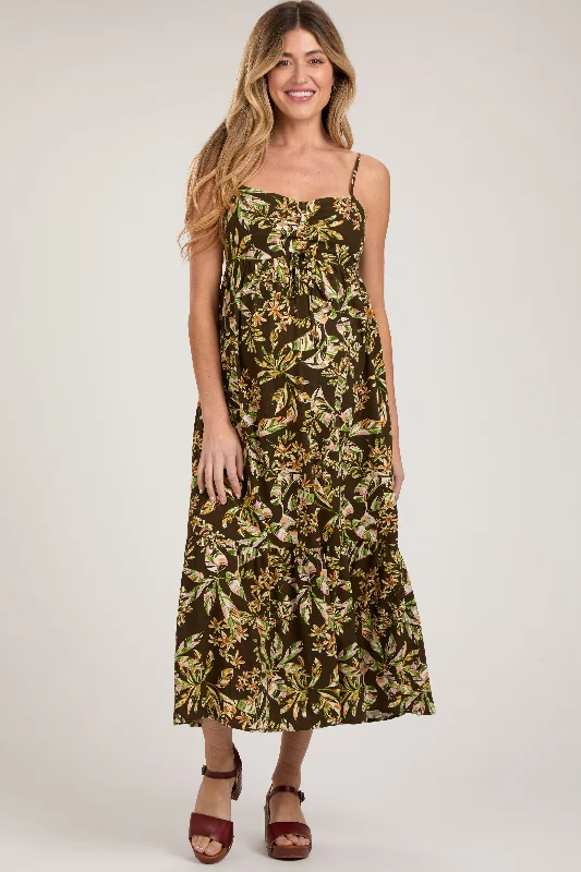 Instant Savings Brown Floral Sleeveless Front Cinched Maternity Midi Dress