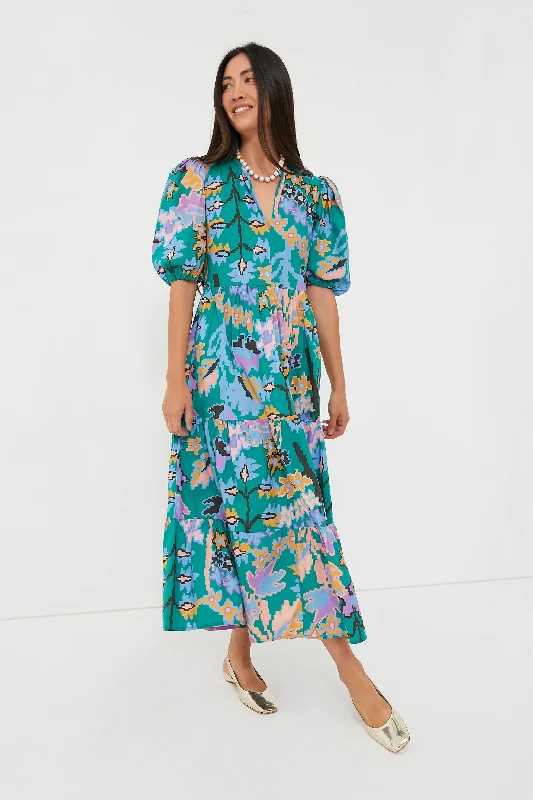 Crazy Deals Green Bukhara Puff Sleeve Maxi Dress