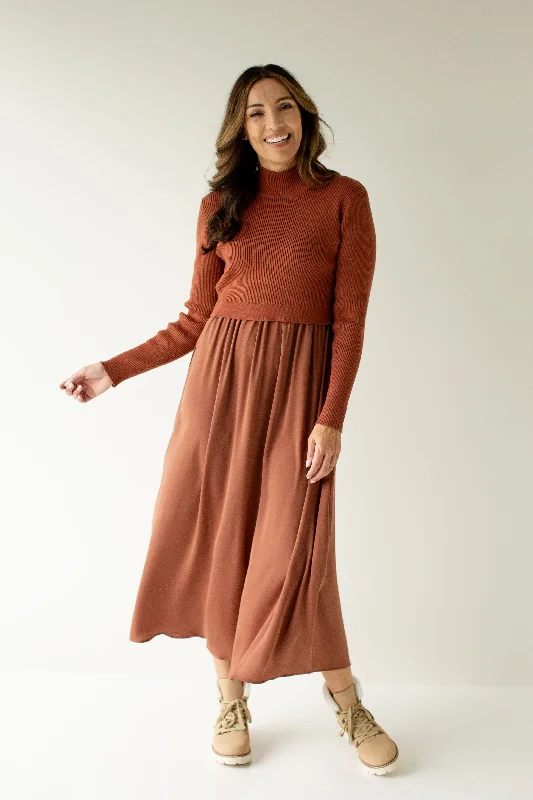 Price Cut 'Harriet' Muted Satin Sweater Mixed Maxi Dress in Cinnamon