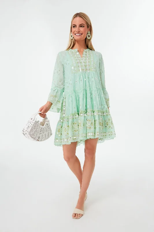 Special Price Mint Mosaic Print Flared Sleeve Dress