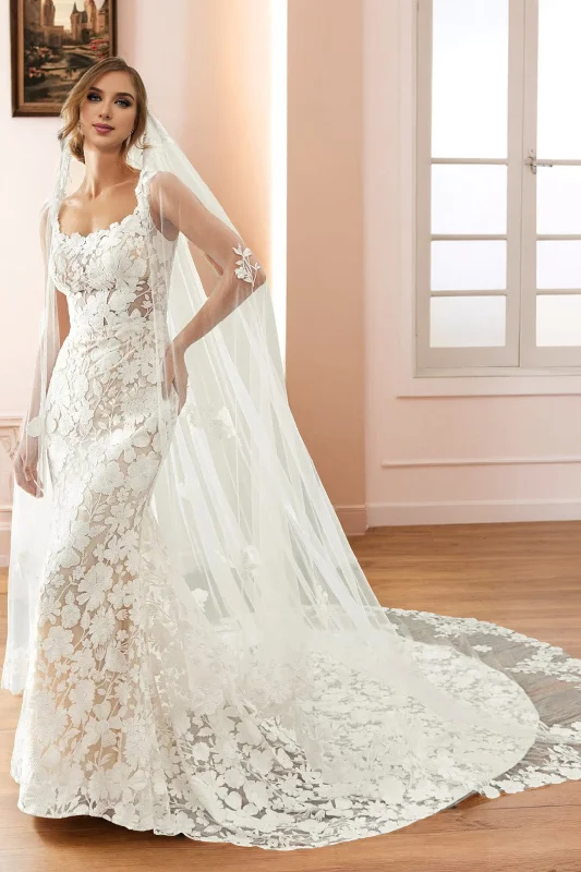 Must-Have Deals Gorgeous Lace Sweep Train Ivory Wedding Dress with Detachable Sleeves