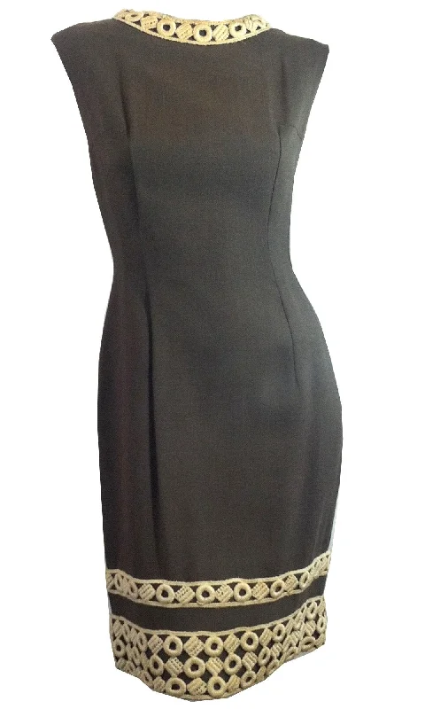 Deep Discounts Pebble Grey Sleeveless Sheath Dress with Ivory Embroidery circa 1960s