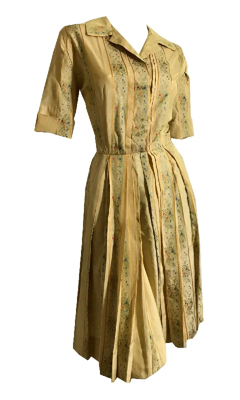 Price Rollback Golden Victorian Inspired Silk Floral and Stripe Shirt Waist Dress circa 1950s Holly Hoelscher
